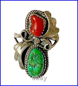 Native American Sterling Silver, Coral & Turquoise Ring Size 8.5