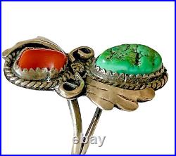 Native American Sterling Silver, Coral & Turquoise Ring Size 8.5