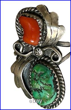 Native American Sterling Silver, Coral & Turquoise Ring Size 8.5