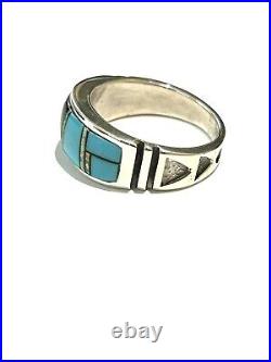 Native American Sterling Silver Handmade Navajo Inlay Turquoise Ring Size 11.5