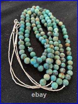 Native American Sterling Silver Heishi Green Turquoise Bead Necklace Pendant 769