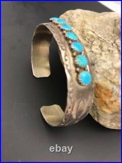 Native American Sterling Silver Kingman Turquoise Bracelet Handmade Old Pawn