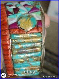 Native American Sterling Silver Multi Stone Inlay Handmade Cuff Bracelet 116gm