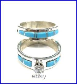 Native American Sterling Silver Navajo Handmade Turquoise Wedding Set Size 6.75