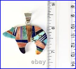 Native American Sterling Silver Navajo Inlay Turquoise Lapis Bear Pendant Signed