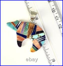 Native American Sterling Silver Navajo Inlay Turquoise Lapis Bear Pendant Signed