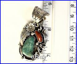 Native American Sterling Silver Navajo Kingman Turquoise & Coral Pendant. Signed