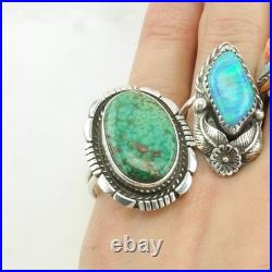 Native American Sterling Silver Ring Green Turquoise Oval Waterweb Size 7