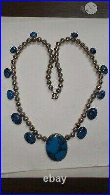 Native American Sterling Silver Turquoise Bench Bead necklace navajo pearl