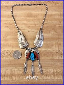 Native American Sterling Silver Turquoise Coral Necklace 925 Feathers & Blossom