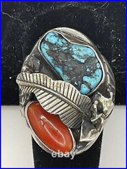 Native American Sterling Silver Turquoise & Coral Ring, Size 11