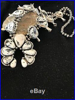 Native American Sterling Silver White Buffalo Turquoise Squash Blossom Necklace