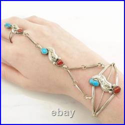 Native American Turquoise Coral Southwestern Sterling Silver Cuff Bracelet Ring