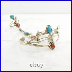 Native American Turquoise Coral Southwestern Sterling Silver Cuff Bracelet Ring