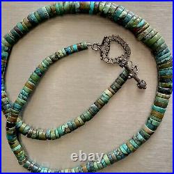 Native Navajo 15 Turquoise Heishi Sterling Silver Gradually Beaded Necklace 33g