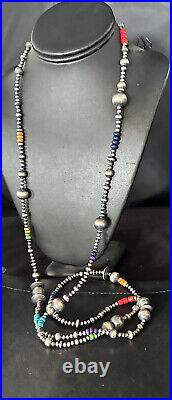 Native Navajo Pearls Multi-Color Sterling Silver Bead Necklace 48 Long
