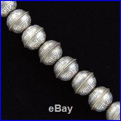 Native Navajo Sterling Silver 8mm Aztec Design DESERT PEARLS Bench Bead Necklace
