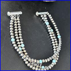 Native Navajo Sterling Silver Blue Turquoise 3 Strands Bracelet 13588
