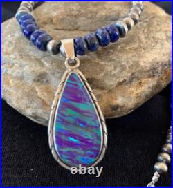 Native Navajo Sterling Silver Purple Gilson Opal Lapis Necklace Pendant 00591
