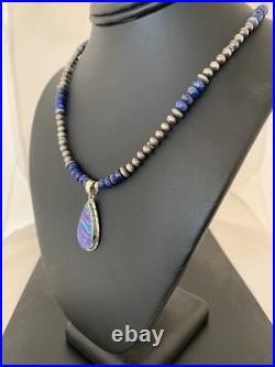 Native Navajo Sterling Silver Purple Gilson Opal Lapis Necklace Pendant 00591