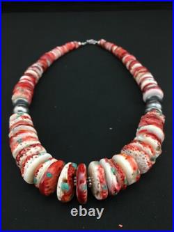 Native Spiny Oyster Graduated Navajo Sterling Silver Necklace 21 04719