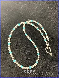 Native er Navajo Pearls 4mm Sterling Silver Blue Turquoise Bead Necklace 21