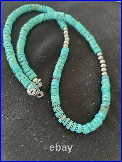 Natural Blue Turquoise Heishi Sterling Silver Necklace Navajo Pearls 7mm 1200