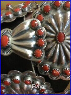 Navaho Sterling Silver Concho Belt with coral 20 pc signed ewa 36in