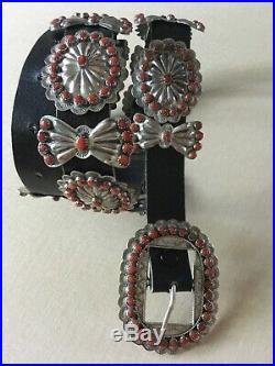 Navaho Sterling Silver Concho Belt with coral 20 pc signed ewa 36in