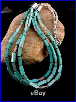 Navajo 3 Str Stabilized Blue Turquoise Pink Opal Bead Sterling Silver NecklaceA9