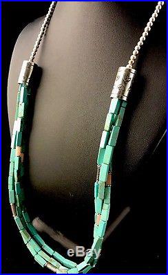 Navajo 3 Str Stabilized Blue Turquoise Pink Opal Bead Sterling Silver NecklaceA9