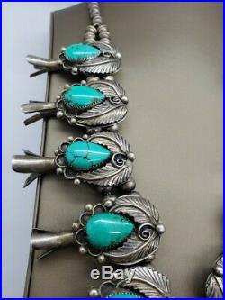 Navajo 925 Sterling Silver Turquoise Squash Blossom Necklace Signed TM