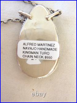 Navajo Alfred Martinez Kingman Turquoise Pendant 925 Sterling Silver Necklace
