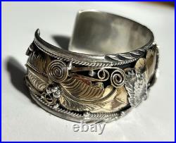 Navajo Allen Chee HEAVY BIG 7.25 Sterling Eagle Squash Cuff Bracelet Native