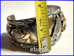 Navajo Allen Chee HEAVY BIG 7.25 Sterling Eagle Squash Cuff Bracelet Native