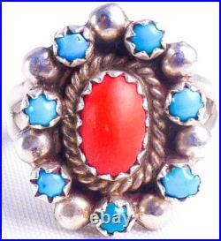 Navajo Antonio Yazzie 925 Sterling Silver Turquoise & Coral Ring Size 6 Navajo Antonio Yazzie 925 Sterling Silver Turquoise & Coral Ring Size 6
