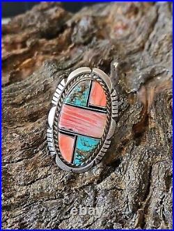 Navajo BENSON BOYD Sterling Silver Turquoise Spiny Oyster Ring Inlay SIGNED 8.5