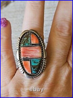 Navajo BENSON BOYD Sterling Silver Turquoise Spiny Oyster Ring Inlay SIGNED 8.5