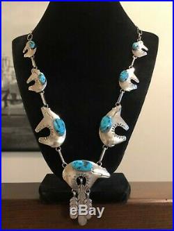 Navajo BJ Sterling Silver Turquoise Spirit Bear Squash Blossom Type Necklace 925