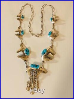 Navajo BJ Sterling Silver Turquoise Spirit Bear Squash Blossom Type Necklace 925