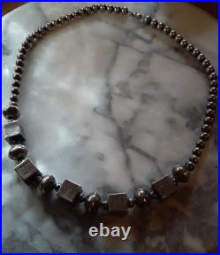 Navajo Beads Sterling Silver Cubed, Saucer & Round Bead Necklace RISING SUN