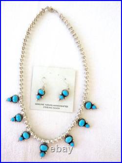Navajo Beady Tom Sleeping Beauty Turquoise Necklace Earring Sterling Silver NWT