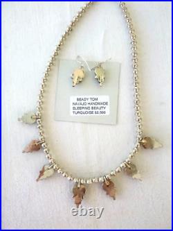 Navajo Beady Tom Sleeping Beauty Turquoise Necklace Earring Sterling Silver NWT