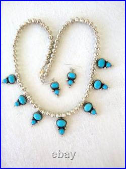 Navajo Beady Tom Sleeping Beauty Turquoise Necklace Earring Sterling Silver NWT
