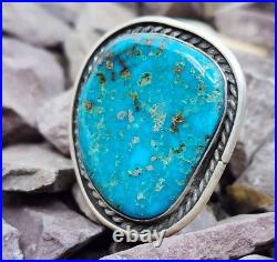Navajo Big Natural Turquoise Native American Sterling Silver Ring Size 8