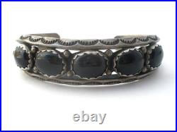 Navajo Black Onyx Row Cuff Bracelet Sterling Silver Hand Made Stamped Vintage