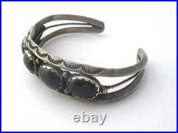 Navajo Black Onyx Row Cuff Bracelet Sterling Silver Hand Made Stamped Vintage