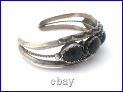 Navajo Black Onyx Row Cuff Bracelet Sterling Silver Hand Made Stamped Vintage