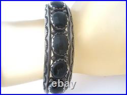 Navajo Black Onyx Row Cuff Bracelet Sterling Silver Hand Made Stamped Vintage