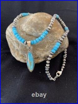 Navajo Blue Faceted Turquoise Pendant Necklace Sterling Silver Handmade 563